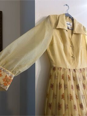 Vintage Shaheen Yellow Floral Pleated Long Sleeve Dress